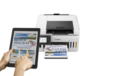 Canon MAXIFY GX6550 Tintenstrahldrucker 3-in-1 Multifunktionsgerät MegaTank (Drucker, Scanner, Kopierer, WLAN, LAN, Cloud, Duplexdruck, Duplex ADF, 350 Blatt Kapazität, Wischfeste Ausdrucke) weiß