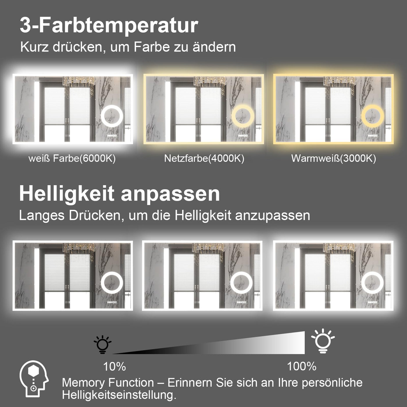 furduzz LED-Badezimmerspiegel mit 3-facher Vergrößerung, 1000x600 mm Wandspiegel mit Beleuchtung, dimmbar, Digitaluhr, Temperatur, 3 Farben, Antibeschlag, Memory-Funktion, beleuchteter Schminkspiegel