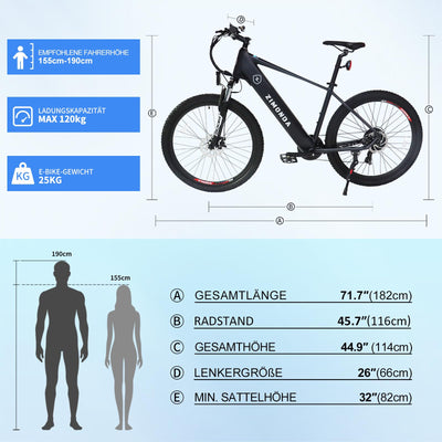 ZIMONDA Ebike Herren Mountainbike Elektrofahrrad 250W Motor 27.5 Zoll 48V Akku bis zu 100 km Reichweite 7 Gänge 25 km/h City & Offroad E-Bike mit LCD-Display