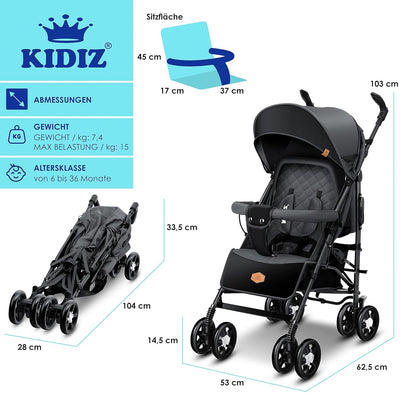 KIDIZ® Kinderwagen City-Pro Buggy Kinderbuggy klappbar Liegebuggy Sportwagen Faltbar 360° 6-Zoll-Rädern Inkl. Moskitonetz, Fußsack und Regenverdeck zusammenklappbar Schlaffunktion Anthrazit