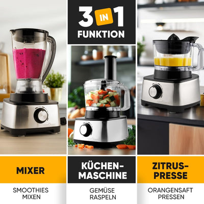 ProfiCook® 3in1 Küchenmaschine | Mixer, Küchenmaschine und Entsafter | 1200W | zum schneiden, raspeln und kneten | Nachfüllöffnung | stufenlose Geschwindigkeit | inkl. 11 Zubehörteilen | PC KM 1063