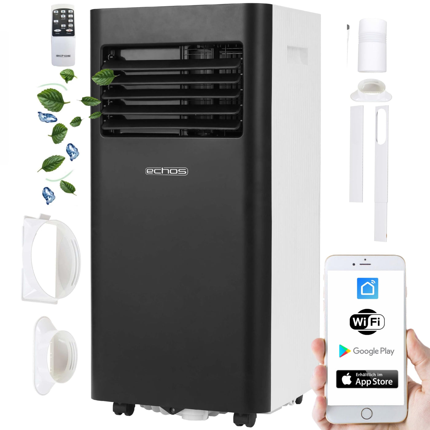 Echos Klimaanlage 3in1 WIFI mobil Fensterabdichtung mit Abluftschlauch 24h Timer Fernbedienung 9000 BTU 3 Modi Aircooler Klimagerät mobile Klimaanlage Air Cooler Klima Anlage Air Conditioner