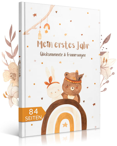 EULENTALER® Das Babytagebuch Boho I Von Pädagogen gestaltet I Mit handgemalten süßen Illustrationen I Din A4 I Babyalbum Mein erstes Jahr I Erinnerungsbuch zum eintragen