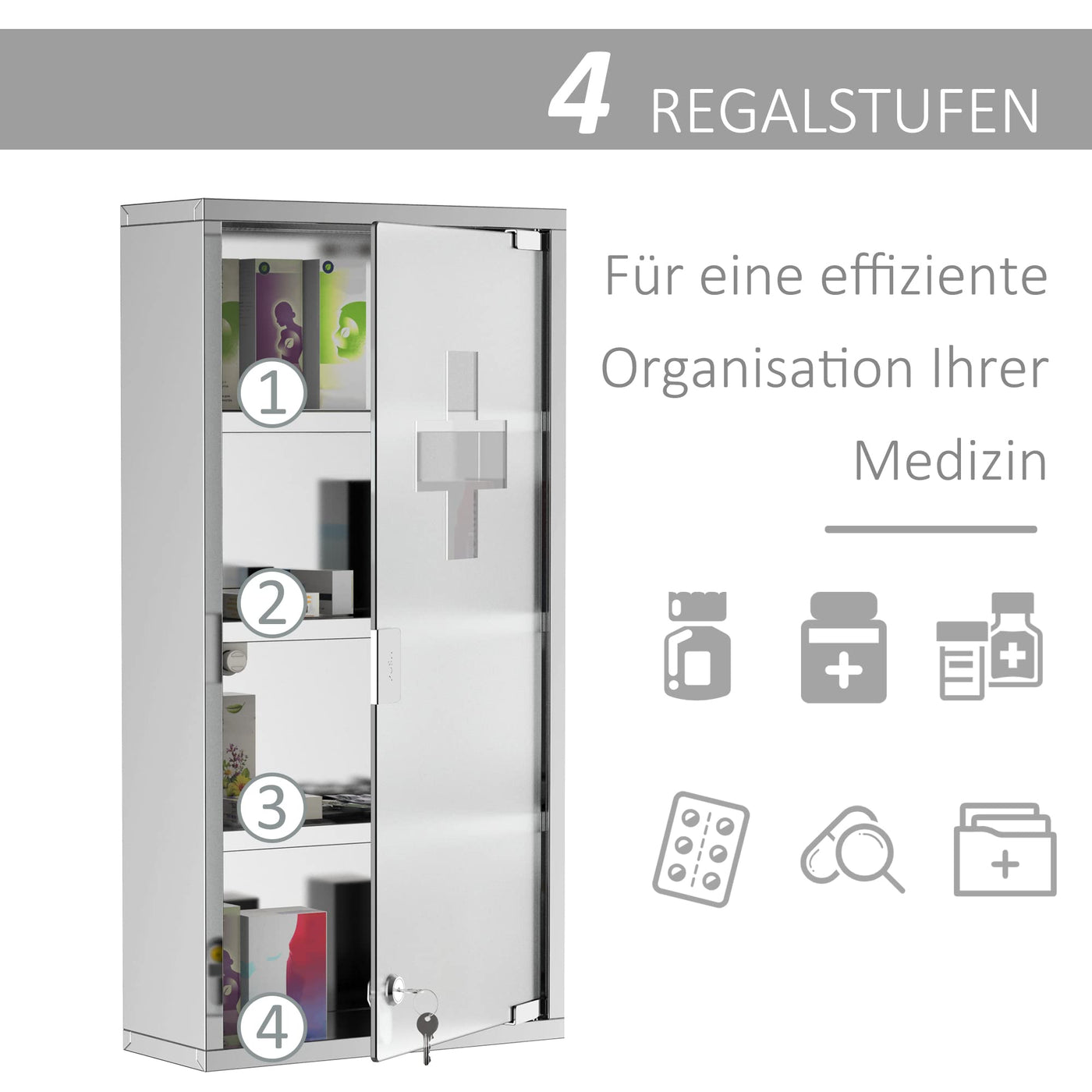 HOMCOM Medizinschrank mit Schloss, Edelstahl Arzneischrank für Erste Hilfe, 30 x 12 x 60 cm, abschließbar
