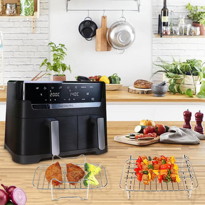 BYKITCHEN Heißluftfritteuse Zubehör für Philips Dual Basket 3000-Serie, 9L/Tefal 5,2/3,1 L Easy Fry, 2 Stück Luftfritteusenständer mit 5 Spießen,Air Fryer Zubehör für Tefal EY9018/Philips NA350/00