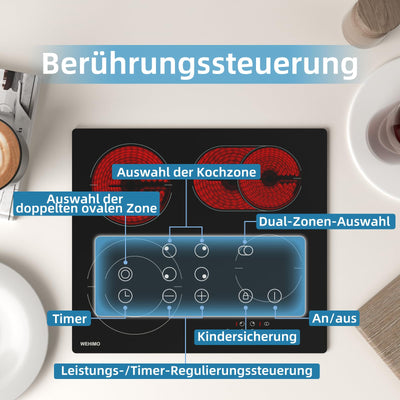 Glaskeramikkochfeld, WEHIMO Glaskeramikkochfeld 4 platten, 59cm, 7200W, 4 Kochzonen (2200W+2000W+1800W+1200W), 9 Heizstufen, Berührungssteuerung, Kindersicherung, Timer, Geeignet für Alle Töpfe