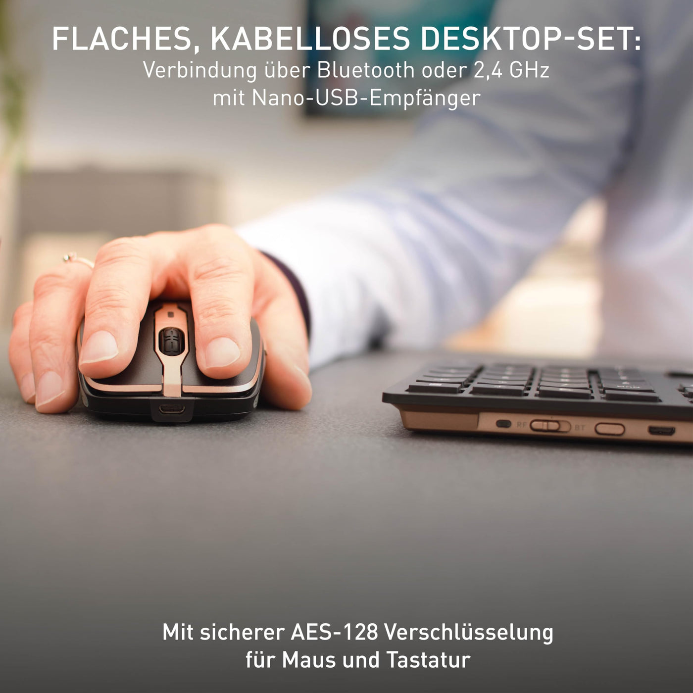 CHERRY DW 9100 SLIM, Kabelloses Tastatur- und Maus-Set, Spanisches Layout (QWERTY), Bluetooth & 2,4 GHz Funk, Leise Tasten, Wiederaufladbar, Schwarz-Bronze