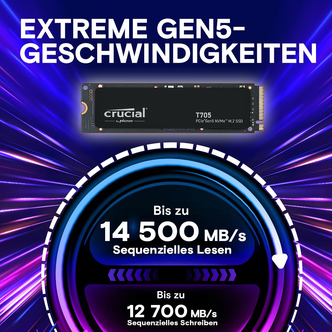 Crucial T705 2TB SSD PCIe Gen5 NVMe M.2 Interne SSD, bis zu 14.500MB/s, Microsoft DirectStorage, PCIe 4.0 abwärtskompatibel, Solid State Drive - CT2000T705SSD3