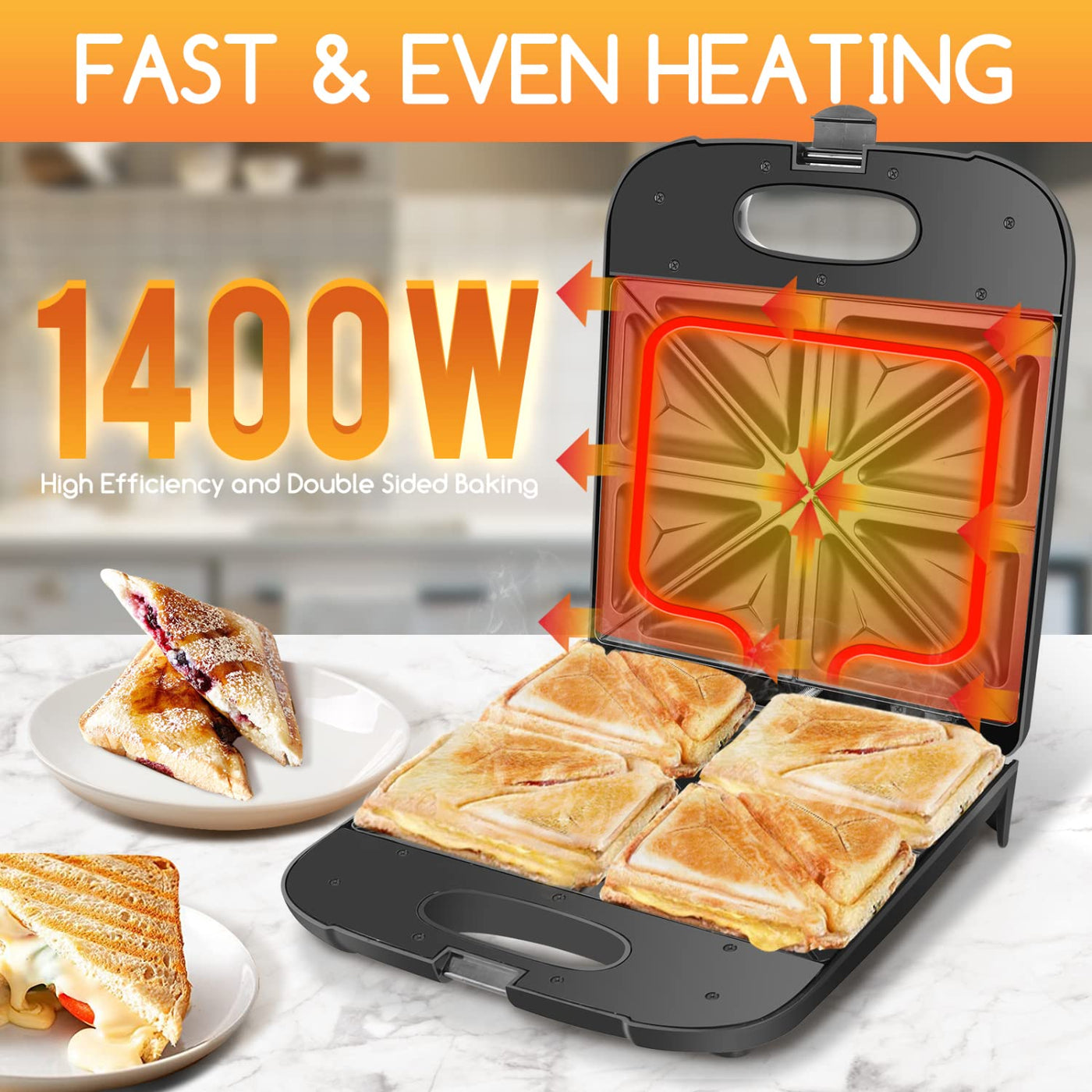 Aigostar Sandwichmaker XXL für 4 Sandwiches, 1400 W, Sandwichtoaster mit Antihaftbeschichtung, Schnellaufheizung, Automatische Temperaturregelung, Vertikale Lagerung, Rutschfeste Füße, BPA-frei