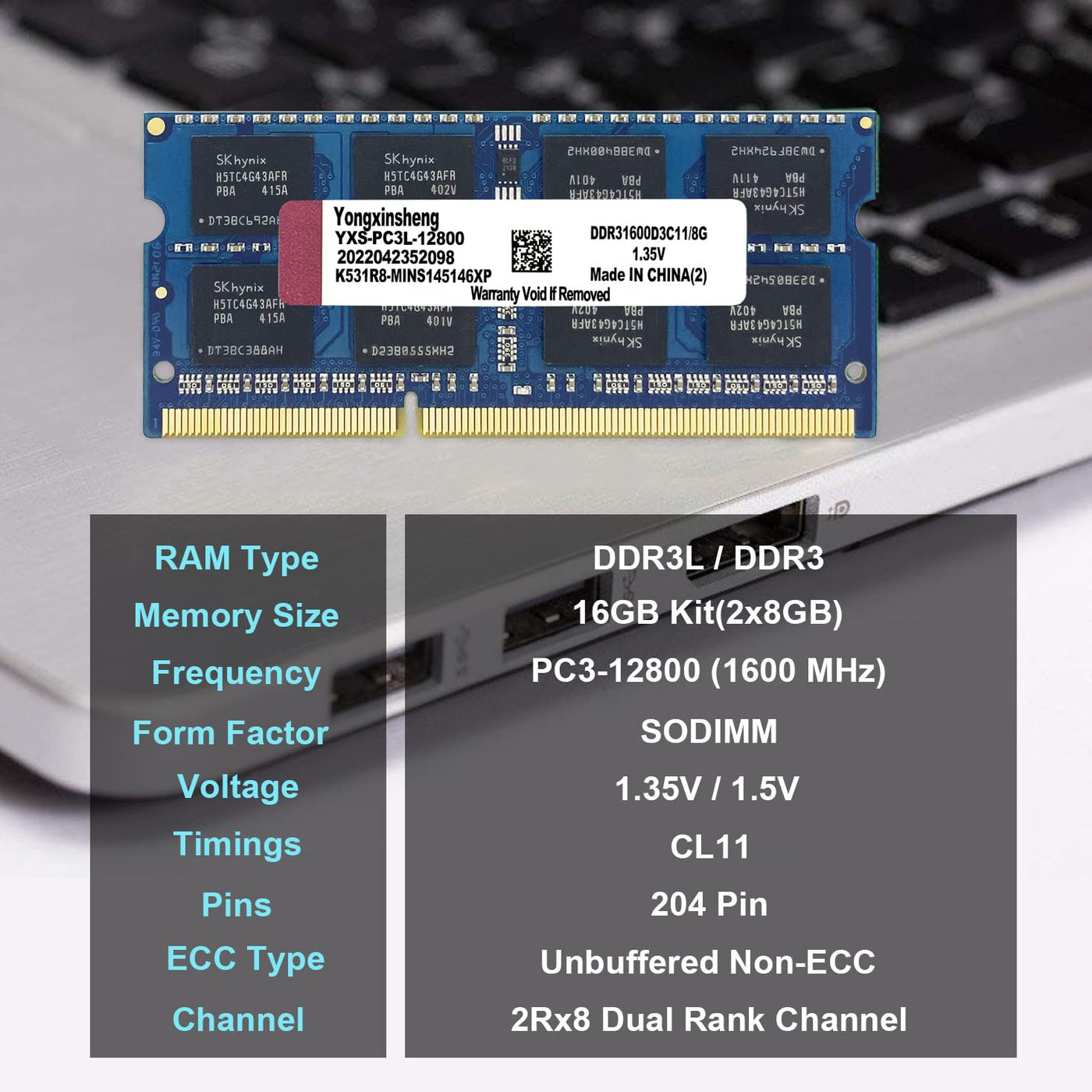 DDR3 / DDR3L 16GB Kit (8GBx2) Laptop RAM 1600MHz PC3-12800 / PC3L-12800 SODIMM Non-ECC Unbuffered 1.35V / 1.5V 2Rx8 Dual Rank 204 Pin CL11 PC Computer Memory Upgrade Module Arbeitsspeicher (Blau)