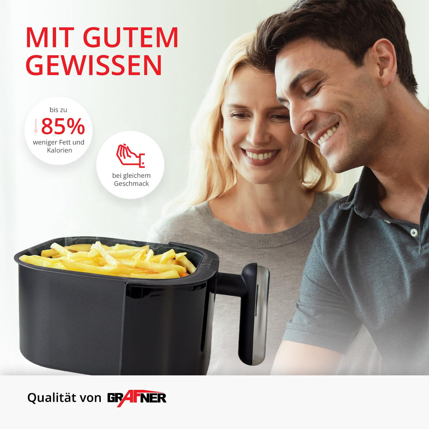 Grafner XL Digitale Heißluftfritteuse, 3,6 Liter, 1200 Watt, LED-Touchscreen, 7 Programme, 360° Gar-System, Timer, Antihaft-Beschichtung, Fritteuse ohne Fett, Airfryer ölfrei Heissluftfritteuse