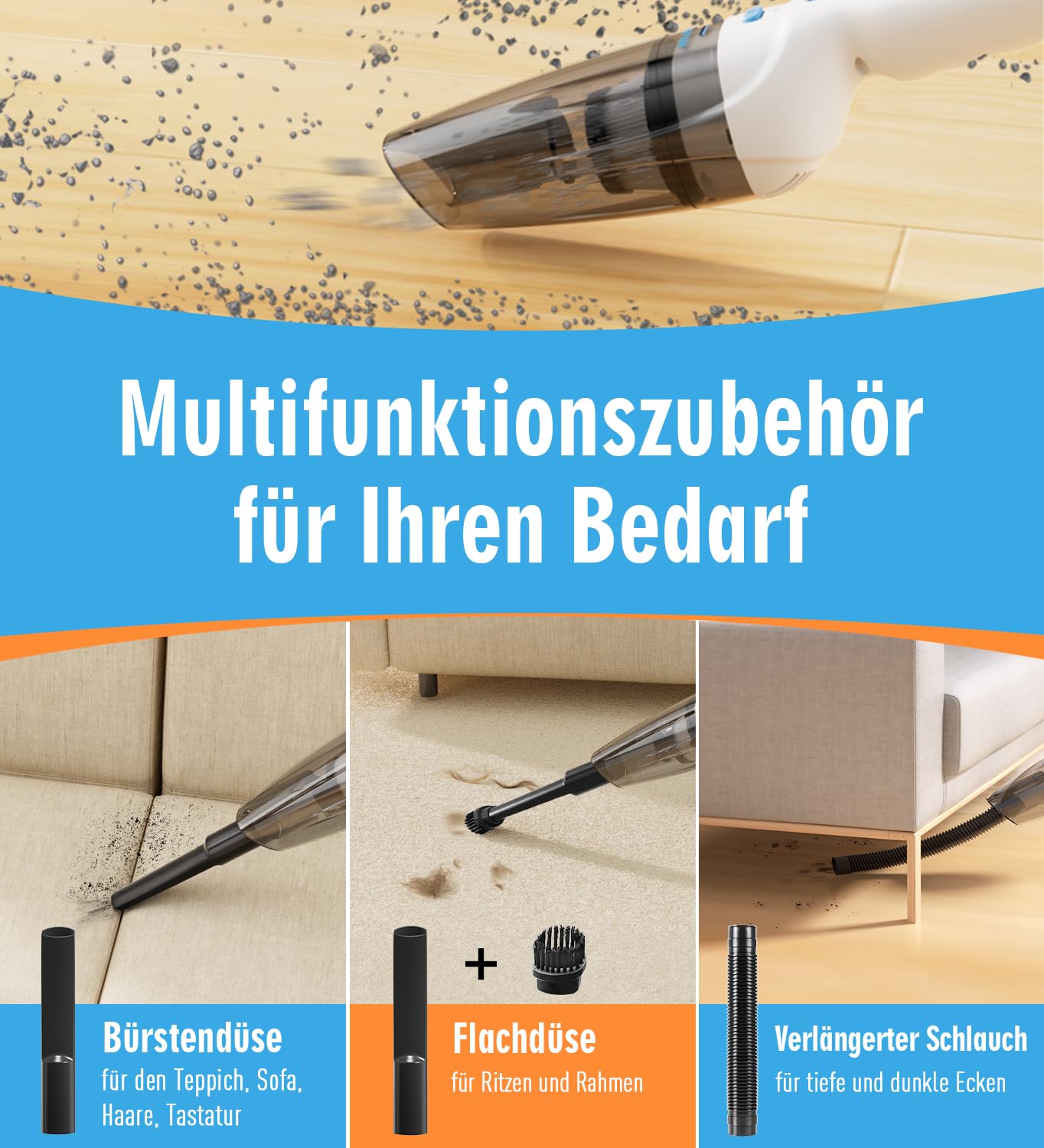 Milunho Handstaubsauger, 9500PA handstaubsauger akku mit Starke saugkraft, leicht und tragbar Auto staubsauger mit Waschbar HEPA-Filter, 100W handstaubsauger kabellos für Auto/Haus/Haustiere (Blau)