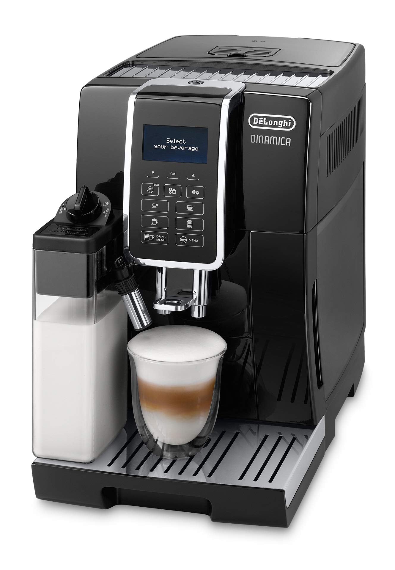 De'Longhi Dinamica ECAM 350.55.B Kaffeevollautomat mit LatteCrema Milchsystem, Cappuccino, Espresso und Kaffee auf Knopfdruck, Digitaldisplay, 2-Tassen-Funktion, Großer 1,8 Liter Wassertank, Schwarz