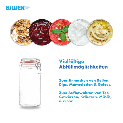 BAUER Flaschenbauer - 12 -teiliges Set Drahtbügel-Vorratsgläser 1550ml, geeignet als Einmach- und Fermentierglas, zur Aufbewahrung, zum Befüllen, Drahtbügelgläser Inklusive Etiketten - Made in Germany