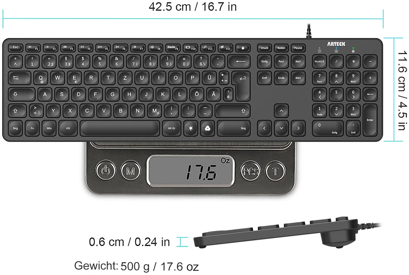 Arteck USB Kabelgebundene Tastatur Hintergrundbeleuchtung 7 Farben & Einstellbare Helligkeit Full Size Tastatur mit 1,8m langem Kabel, numerischem Keypad, für Computer Desktop Laptop und Windows 11 10