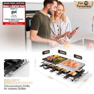 ProfiCook® Raclette 10 Personen mit heißem Naturgrillstein | Raclette antihaftbeschichtet | Raclette für 10 Personen | inkl. 10 Pfännchen & Holzspatel | Edelstahlgriff (wärmeisoliert) | PC-RG 1144