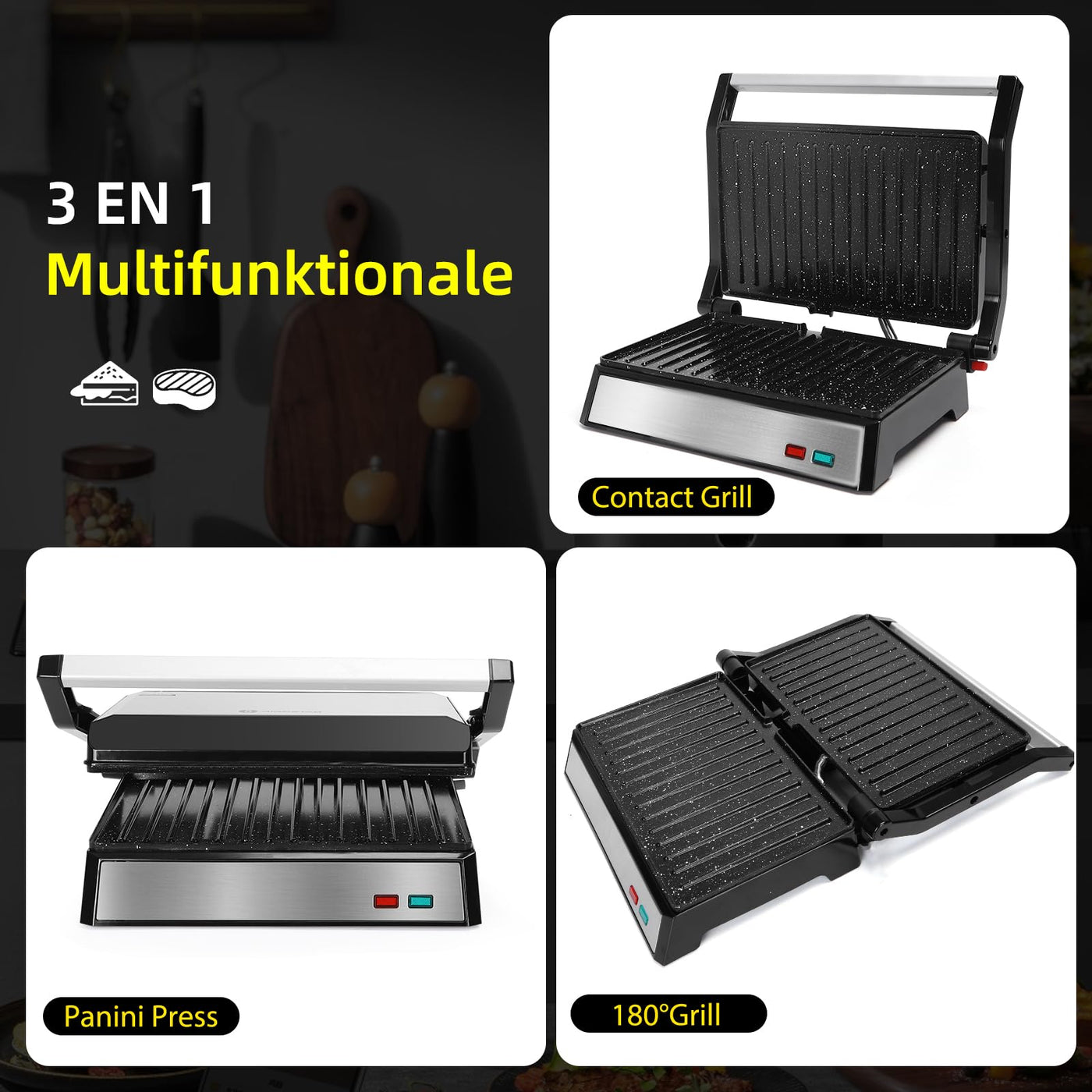 Aigostar Hett pro- Kontaktgrill für Sandwiches, Steak und als Panini Grill, Sandwichmaker mit Antihaftbeschichtung, 1500W Panini Grill mit Abnehmbare Ölsammelbox, 180º Öffnung.