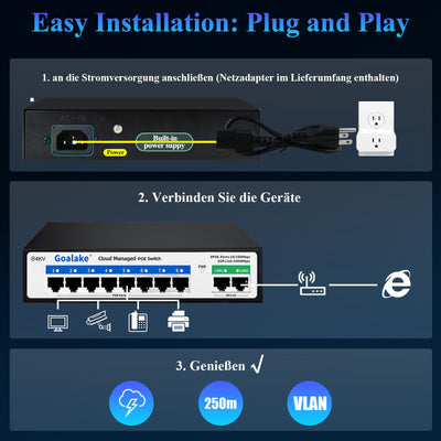 Goalake 8 Port Poe Switch, Cloud Managed Ethernet Switch, 10 Ports PoE+ Switch @120W, 802.3af/at, APP Easy Smart Managed, Cloud Detection, Vlan, Cloud Restart, Cloud Ultraremote to 250M, 802.3af/at