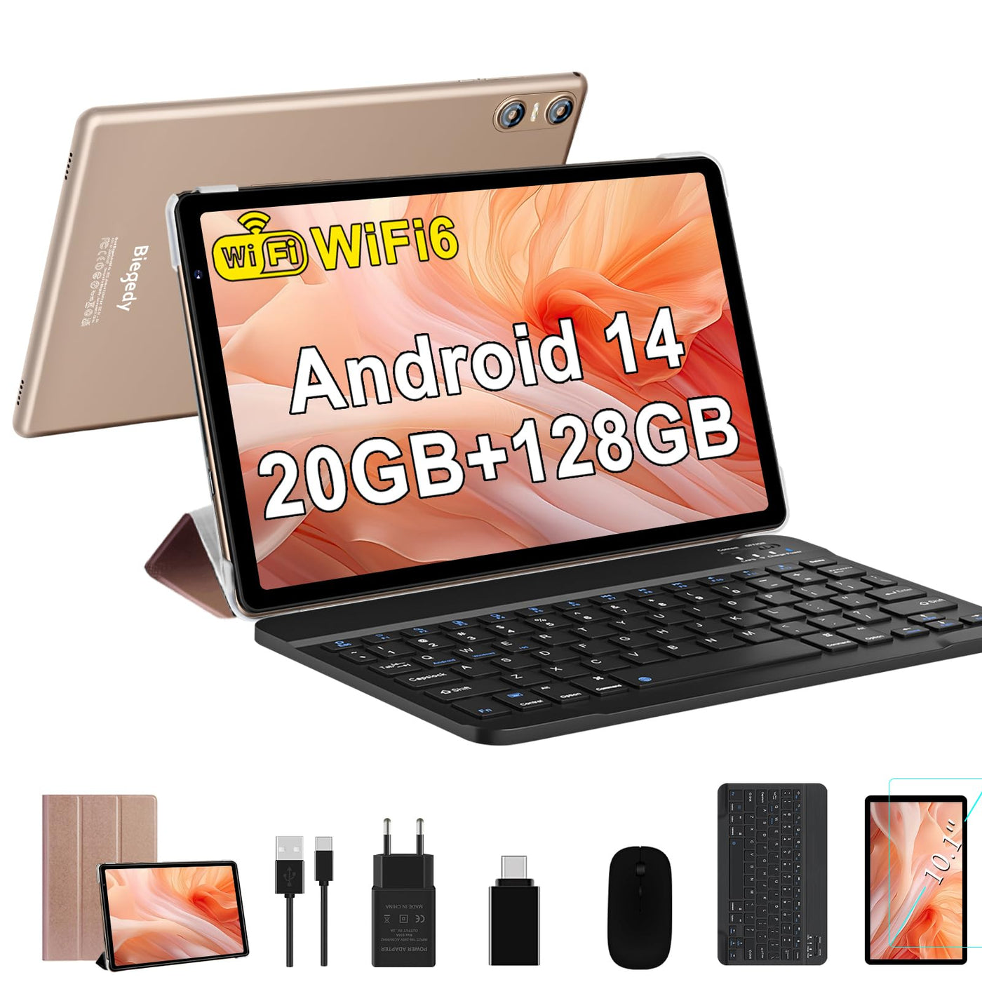 Biegedy Tablet 10 Zoll Android 14 Octa-Core, 2024 Newest Tablet PC 20 GB RAM+128 GB ROM (TF1 TB),5G WLAN 6丨Widevine L1丨GMS丨6000mAh丨5+8MP丨Bluetooth5.0丨1280 * 800丨Tablet mit Tastatur Maus Gold