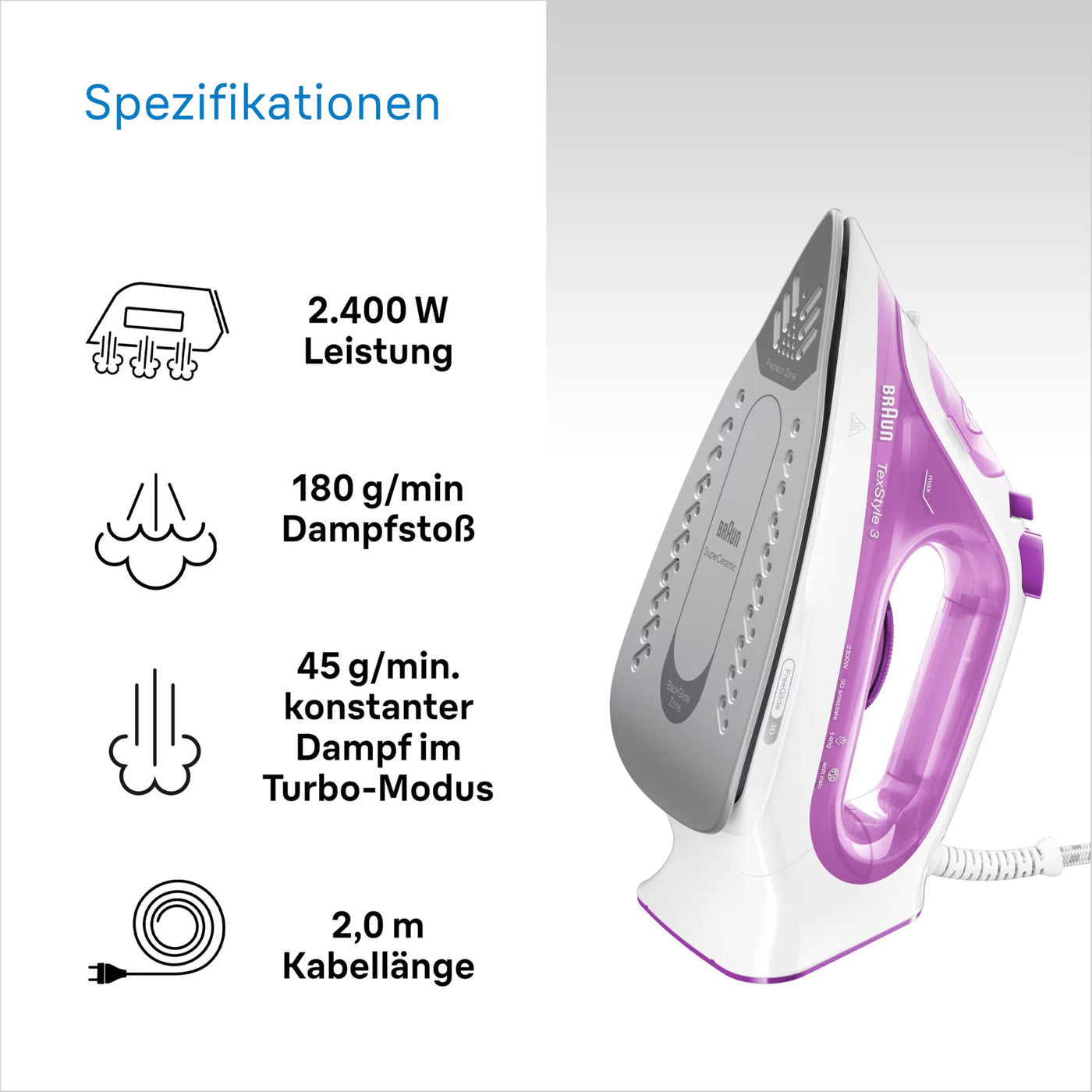 Braun TexStyle 3 SI 3030 PU Dampfbügeleisen - Bügeleisen mit FreeGlide 3D Bügelsohle, Selbstreinigungs Funktion, 2300 Watt, Dampfstoß 140g/min, 270 ml Wassertank, Violett