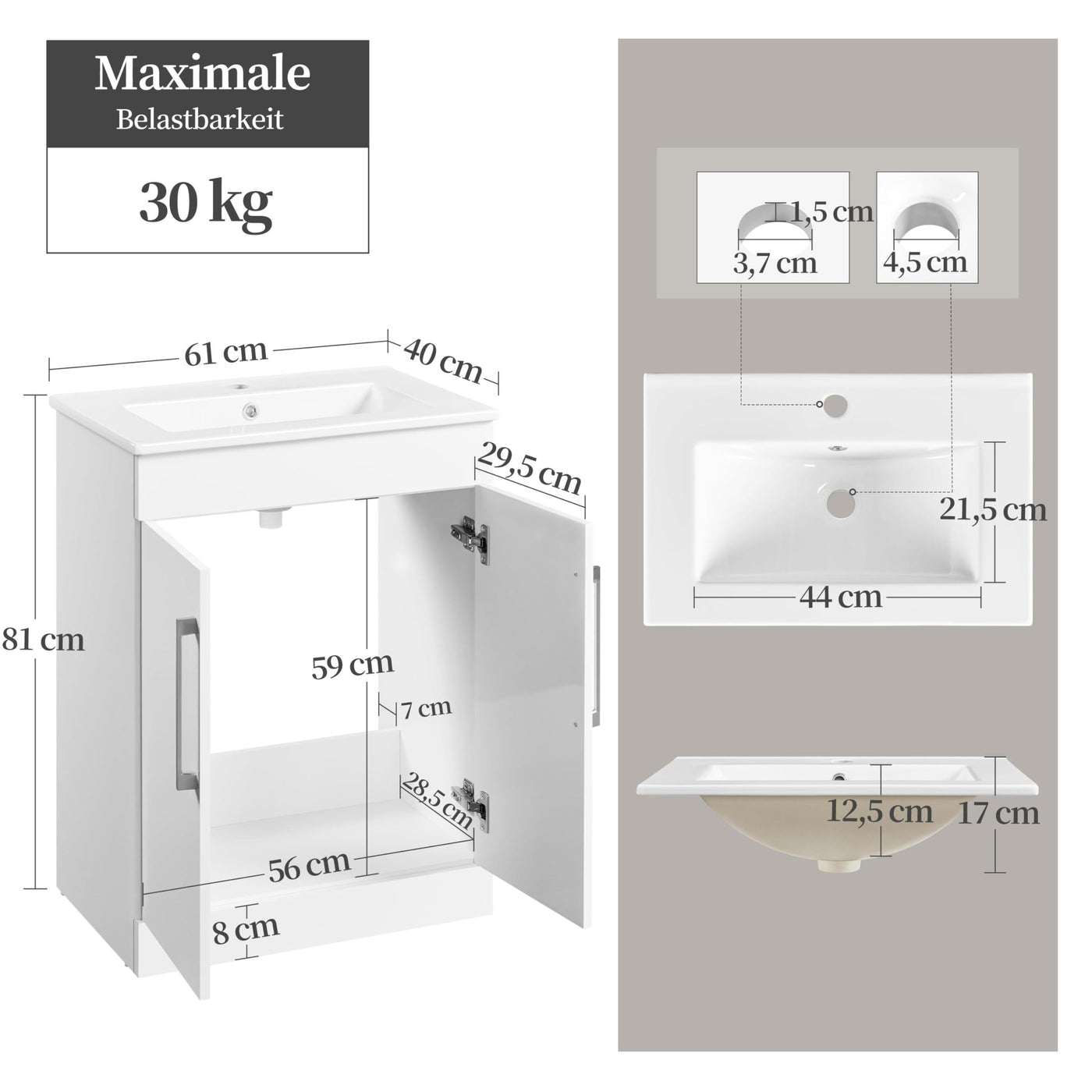 Yaheetech Waschbeckenunterschrank Badmöbel 2er Set Waschbecken mit Unterschrank Badezimmerunterschrank Badschrank mit Waschbecken Keramikbecken Waschtisch mit Viel Stauraum, weiß