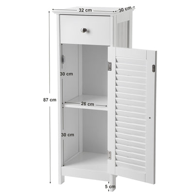 VASAGLE Badezimmerschrank, Badschrank schmal, Aufbewahrungsschrank, kleiner Schrank, mit Schublade, Lamellentür, für Badezimmer, Wohnzimmer, Schlafzimmer, 30 x 32 x 87 cm, weiß BBC43WT