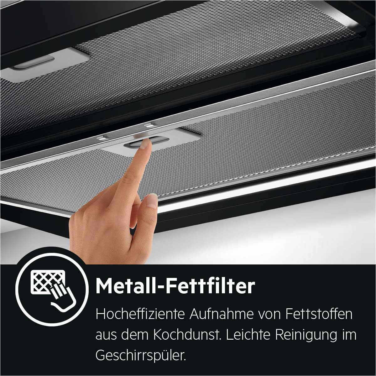 AEG DPE5660B Flachschirm-Dunstabzugshaube – Abluft oder Umluft – max. 600 m³/h im Abluftbetrieb mit max. 68 dB(A) – Energiekl. A – LED-Beleuchtung – Druck-Tasten – Schwarz