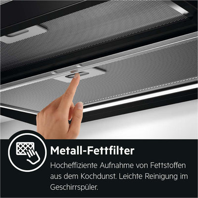 AEG DPE5660B Flachschirm-Dunstabzugshaube – Abluft oder Umluft – max. 600 m³/h im Abluftbetrieb mit max. 68 dB(A) – Energiekl. A – LED-Beleuchtung – Druck-Tasten – Schwarz