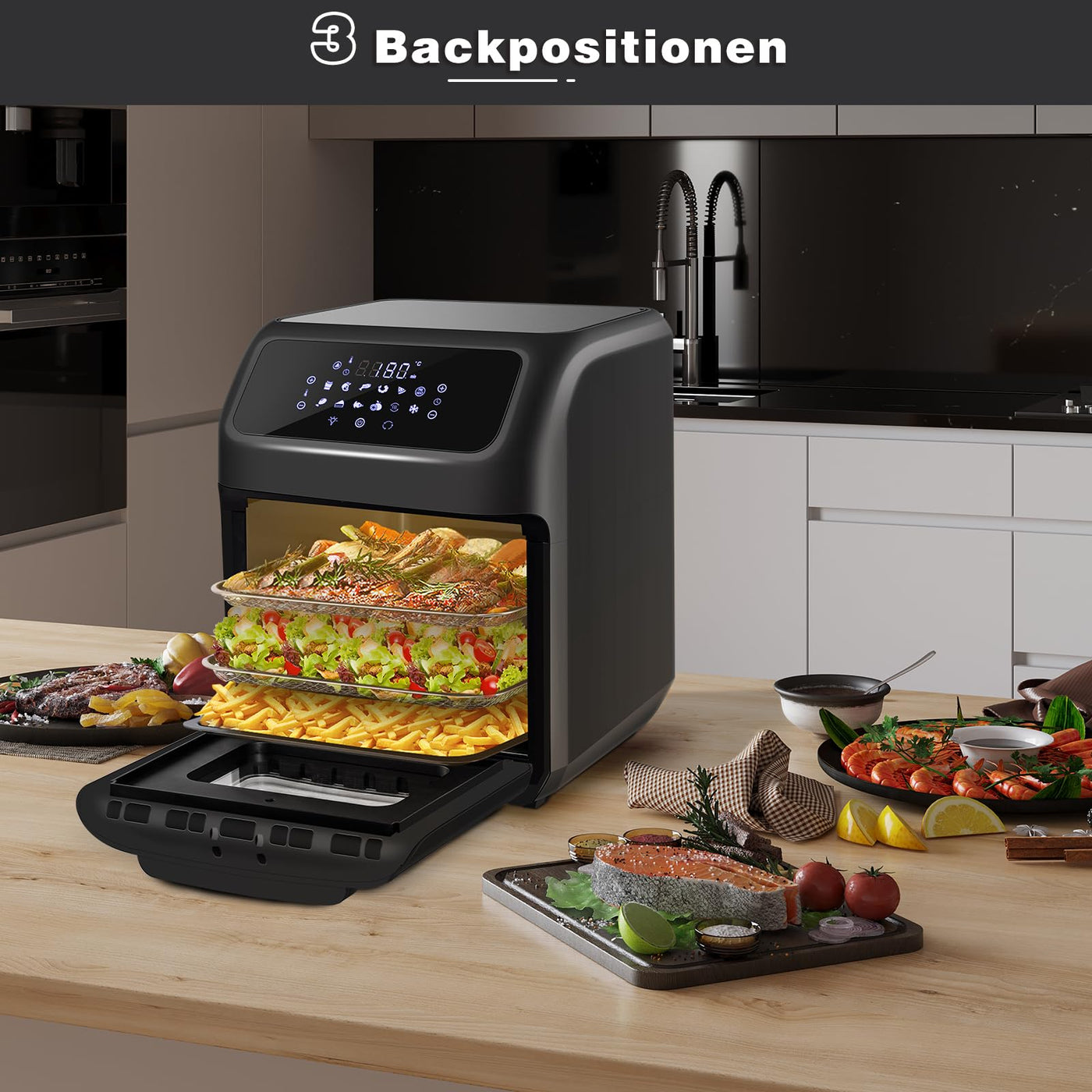 LLIVEKIT Heißluftfritteuse Heißluft-Backofen 12L, Mini-Backofen 1800W mit 6 Zubehör & Rezeptbuch, 12 in 1 Heissluftfritteuse mit digitalen LED-Display, Obst Dehydrator, Barbecue, Air Fryer ohne Öl