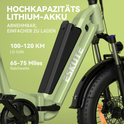 ESKUTE E Bike Star, Klapprad Elektrofahrrad mit 20 Zoll Fat Tire, 36V 25Ah Batterie, Aluminium-Leichtbau, Reichweite bis zu 120 km, 7 Gang Getriebe Ebike (Grün, 2 Batterien)