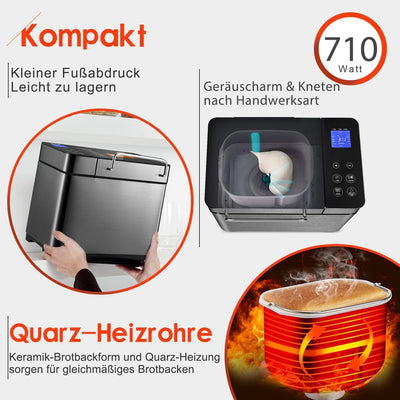 KEEPEEZ 2LB Brotbackautomat, 17-in-1 Quarz Schnellheizer Brotbackautomaten Edelstahl with 2 Paddles, Auto Nut Dispenser, Brotbackmaschine with Keramik-Pfannen, Glutenfrei, 3 Brotgrößen & 3 Backfarben