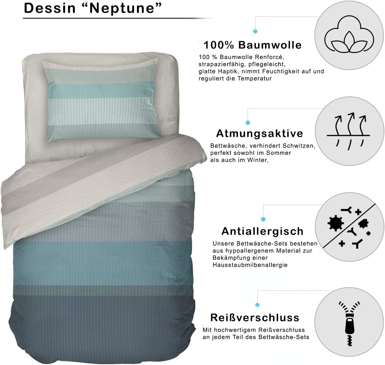 DILIOS Premium Bettwäsche 155x200, 100% Atmungsaktive Angenehme Baumwolle mit Reißverschluss, Renforcé Türkisblau Blau Grau Streifen, 2teilig Bettbezug 155 x 200 cm + Kissenbezug 80 x 80