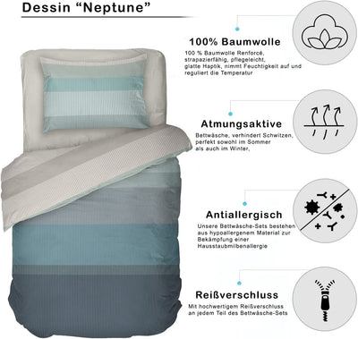 DILIOS Premium Bettwäsche 155x200, 100% Atmungsaktive Angenehme Baumwolle mit Reißverschluss, Renforcé Türkisblau Blau Grau Streifen, 2teilig Bettbezug 155 x 200 cm + Kissenbezug 80 x 80