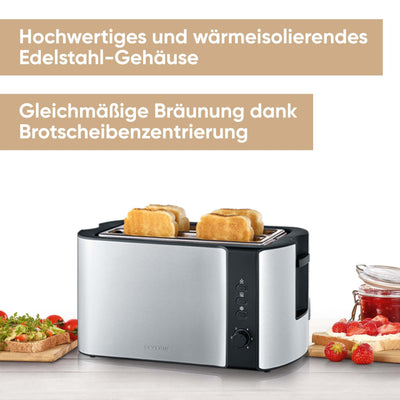 SEVERIN Automatik-Langschlitztoaster für 4 Toastscheiben, mit Brötchenaufsatz hochwertiger Edelstahl Toaster mit großen Röstkammern und 1.400 W Leistung, Edelstahl-gebürstet/schwarz, AT 2590