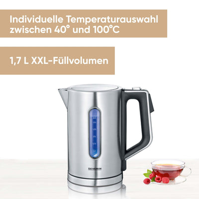 SEVERIN Digitaler Wasserkocher mit Fast-Boil-Power und individueller Temperaturauswahl, 1,7 l XXL-Füllvolumen, Edelstahl-gebürstet / Schwarz, 3000 W, 100% BPA-frei, WK 3418