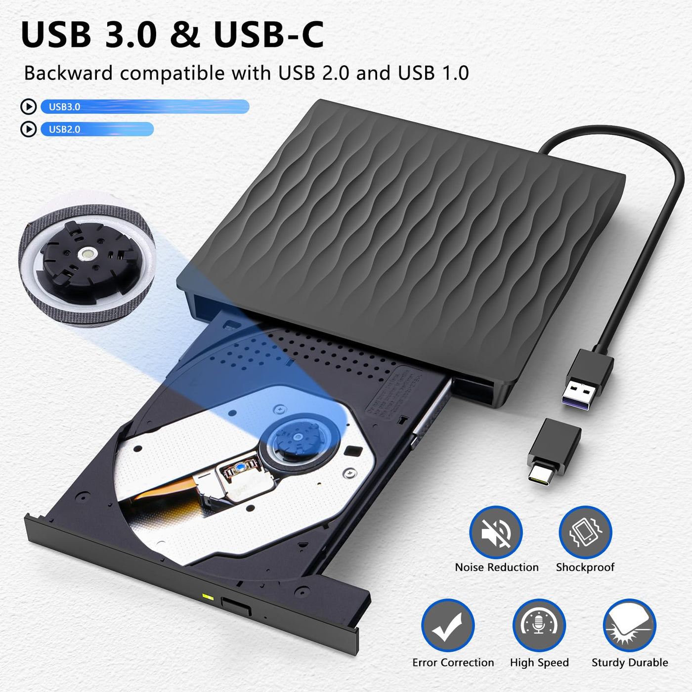 Externes DVD Laufwerk, CD Laufwerk Extern USB 3.0 Type-C Slim Tragbarer Externes CD Laufwerk, RW CD-ROM Externe Optische Laufwerke für Laptop, PC, MacBook Air/Pro, iMac, Mac OS, Windows 11/10/8/7/XP