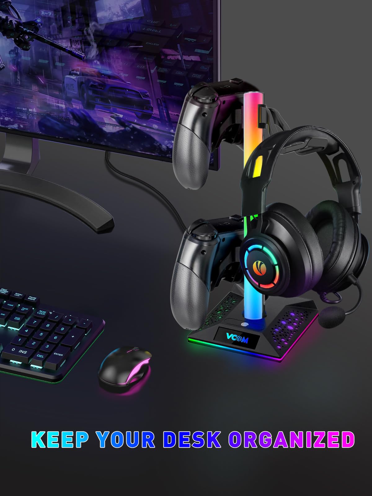 VCOM RGB Gaming Kopfhörer Ständer mit 10-Licht Modi, Controller Halter mit 2 USB Ports, PC Gaming Zubehör für Schreibtisch, Universal Speicher Organizer Headpsets/Xbox PS5 Controller/Switch/Handy