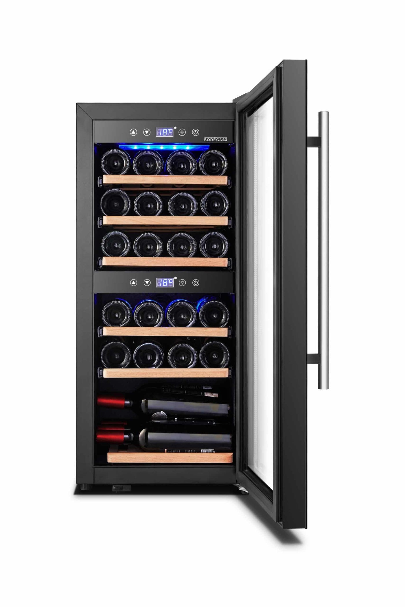 BODEGA43-24 Weinkühlschrank - Weinkühlschrank 2 Zonen, 5-20 ºC, 80 Liter, 24 Flaschen, 6 Regaleinschübe, Vollglas-Designtür mit Touchpanel, Geräuscharm (43 dB) & sehr vibrationsarm, Schwarz