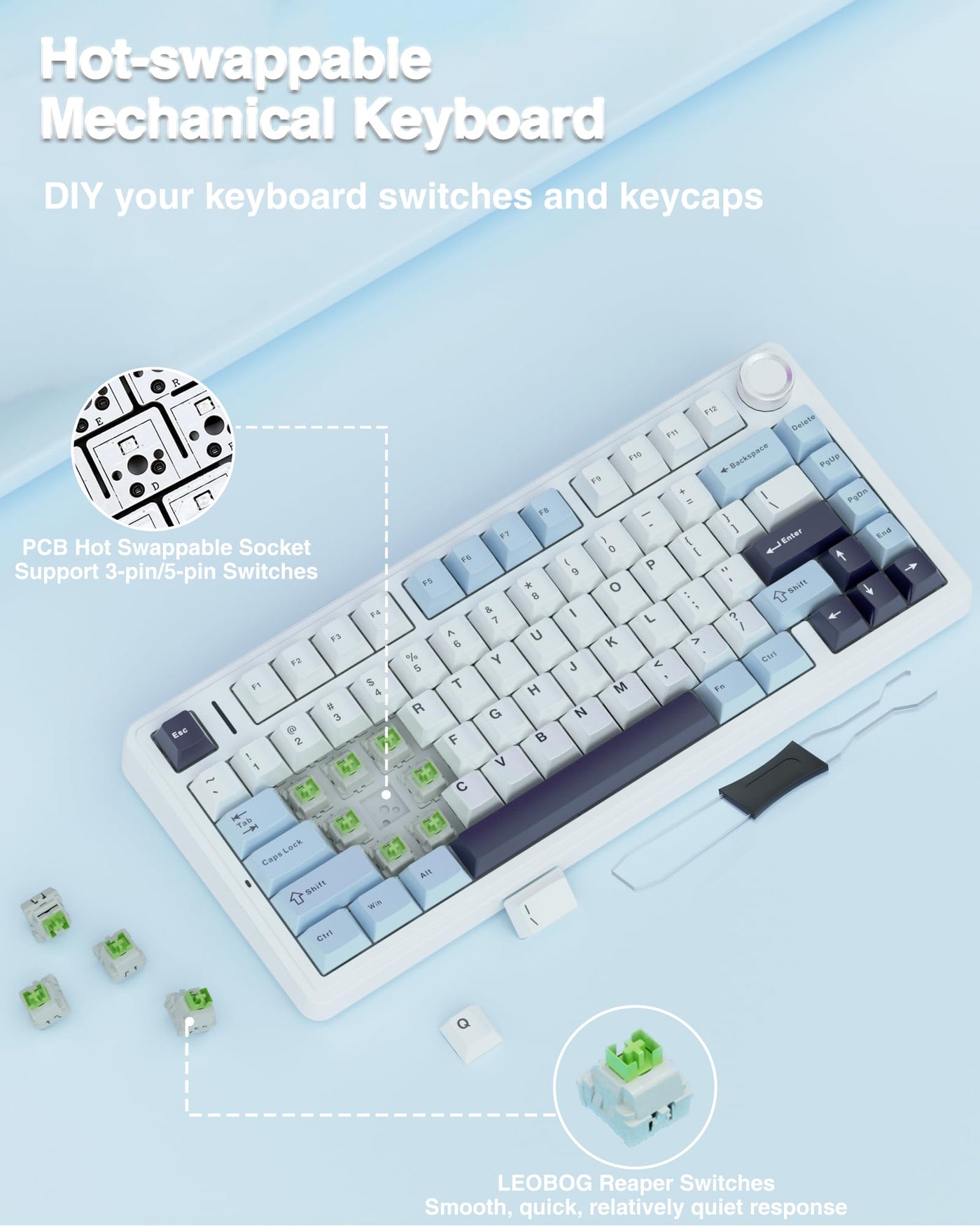 AULA F75 Mechanische Tastatur Gaming,2.4G/Type-C/BT5.0 75% Prozent Tastatur mit Multifunktionsknopf,Struktur der Dichtung Gaming Tastatur Kabellos,Hot Swap Wireless RGB Tastatur,QWERTY (Gletscherblau)