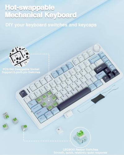 AULA F75 Mechanische Tastatur Gaming,2.4G/Type-C/BT5.0 75% Prozent Tastatur mit Multifunktionsknopf,Struktur der Dichtung Gaming Tastatur Kabellos,Hot Swap Wireless RGB Tastatur,QWERTY (Gletscherblau)