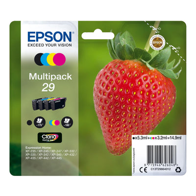 Epson Original 29 Tinte Erdbeere, XP-235 XP-332 XP-335 XP-432 XP-435 XP-245 XP-342 XP-345 XP-442 XP-445 XP-247 XP-257 XP-255 XP-352 XP-355 XP-452 XP-455, (Multipack 4-farbig)