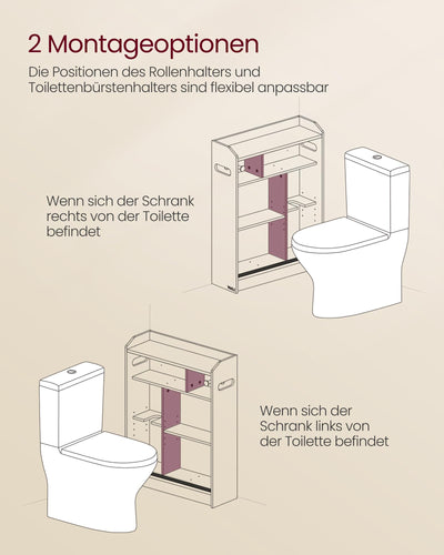 VASAGLE Badezimmerschrank, Badschrank platzsparend, Toilettenrollenhalter, Toilettenbürstenhalter, Schiebetüren, verstellbare Einlegeböden, neben der Toilette, 20 x 60 x 80 cm, wolkenweiß BBC752W01