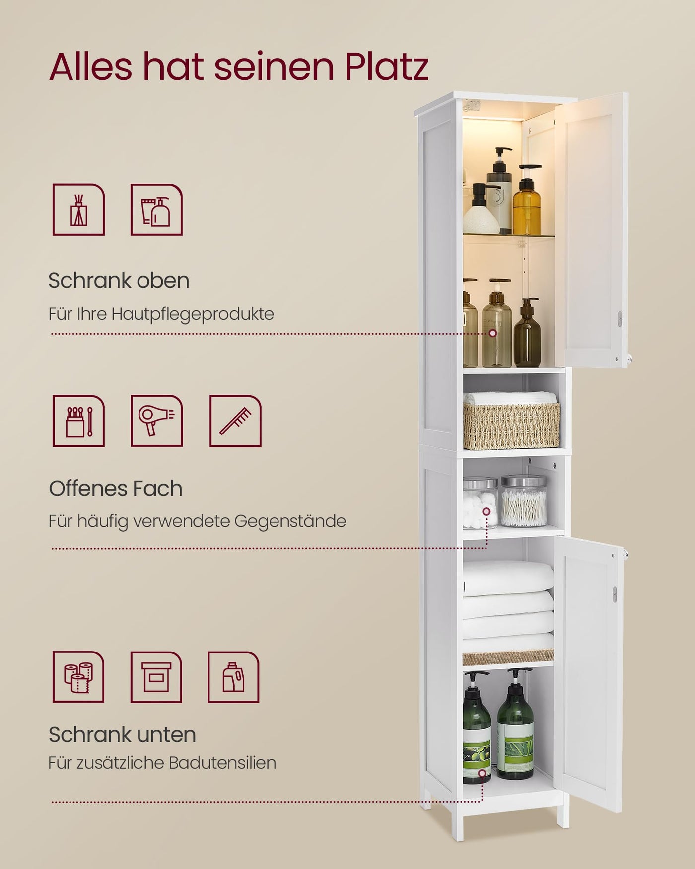 VASAGLE Badezimmerschrank mit Beleuchtung, hoch, schlanker Badschrank, Aufbewahrungsschrank mit verstellbaren Ablagen, offene Fächer, für kleine Räume, modern, wolkenweiß BBC566W03