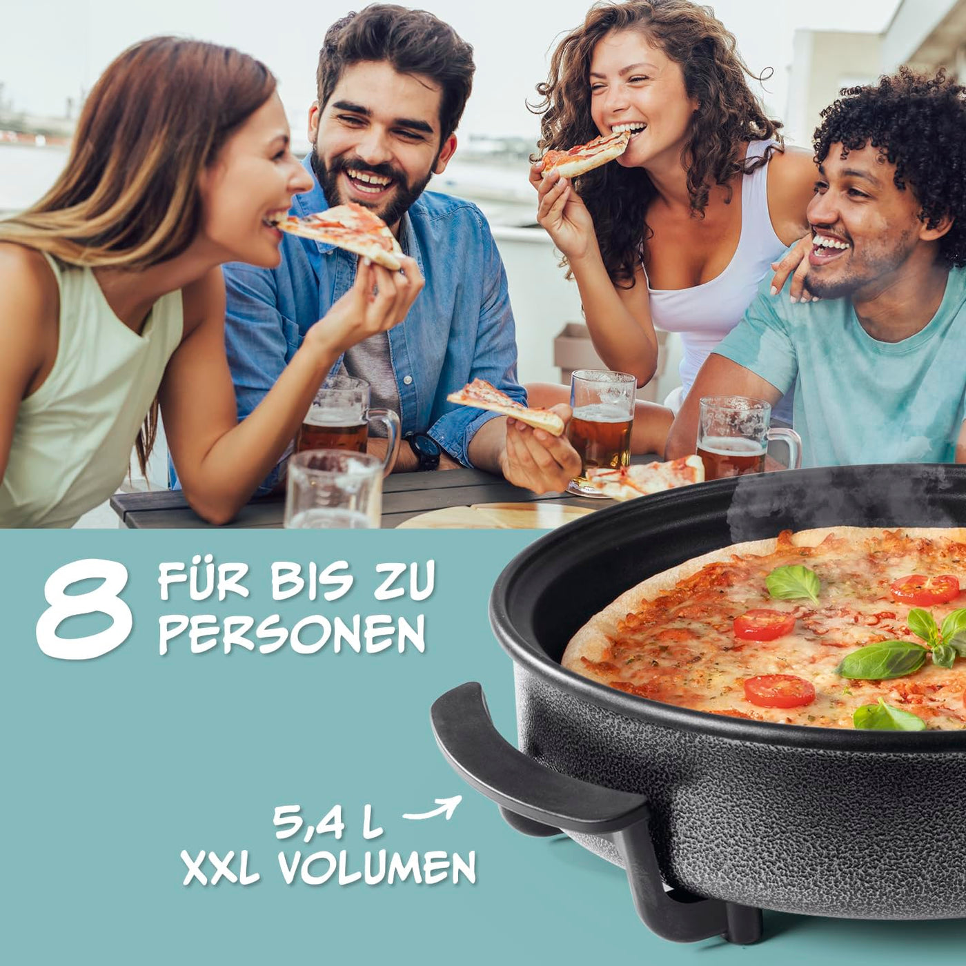 GOURMETmaxx Elektrische Multifunktionspfanne ⌀ 40cm | Mit Thermostat, Glasdeckel & Antihaftbeschichtung | XXL Volumen - optimal als Paellapfanne, Schmorpfanne & Wokpfanne | 1500W [Edelstahl]