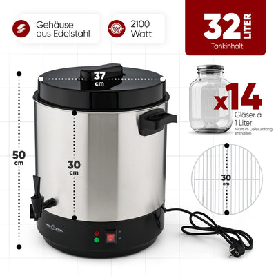 ProfiCook® 2in1 Heißgetränke- & Einkochautomat | 32L Tank | Warmhaltefunktion | Timer | 2100W | 30°C - 100°C | Einkochtopf Edelstahl | Heiß-Getränkespender mit Ablaufhahn | PC EKA 1283