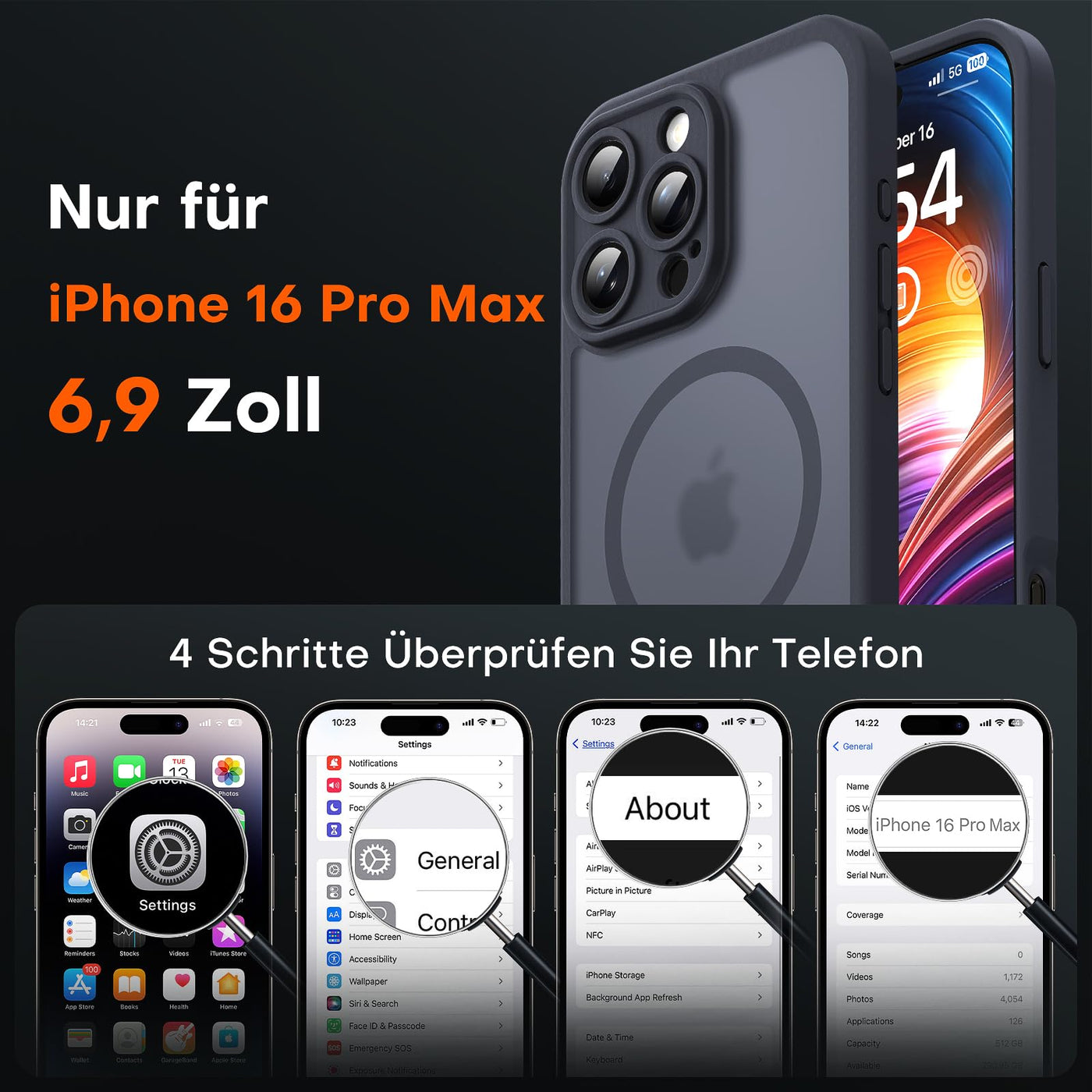 TOCOL 3 in 1 für iPhone 16 Pro Max Hülle für Magsafe, mit 2 Schutzglas, Vollständiger Kameraschutz Stoßfest Kratzfest Magnetisch Handyhülle für iPhone 16 Pro Max Case, Schwarz