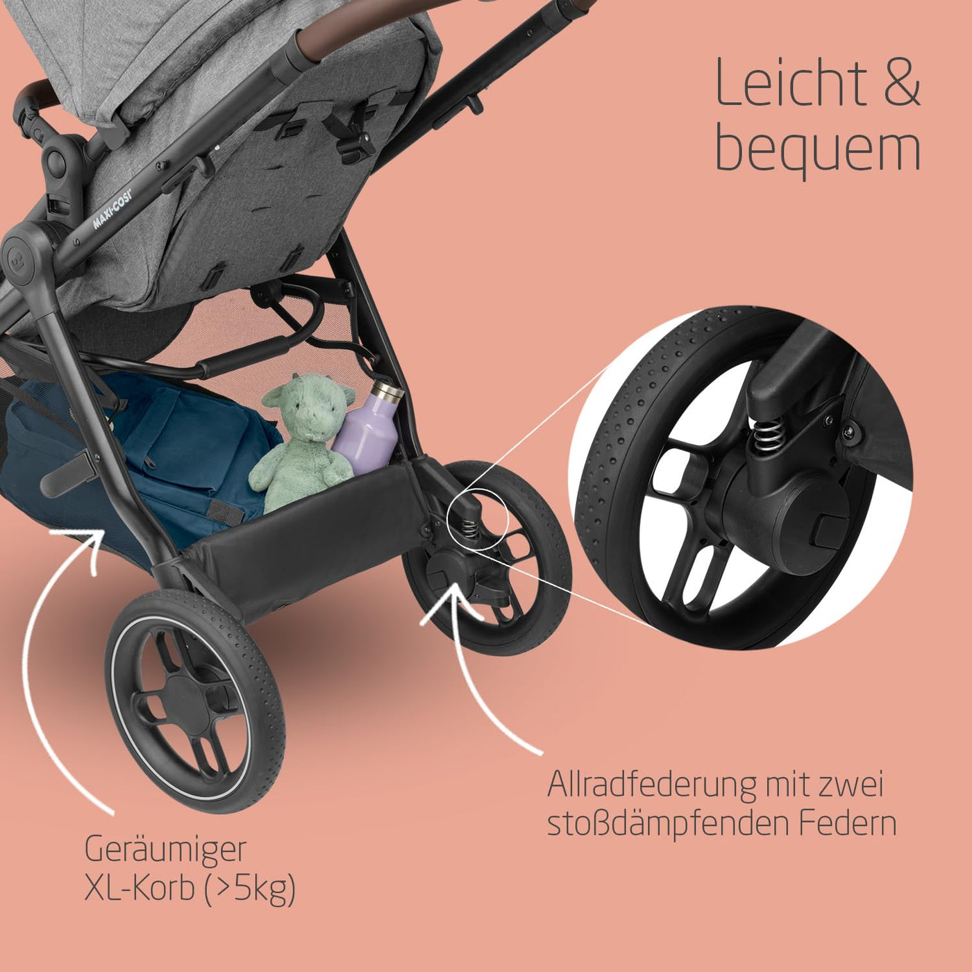 Maxi-Cosi Zelia S Trio Kinderwagen 3 in 1 Komplettset, 0-4 Jahre, bis 22 kg, Zusammenklappbar, Kompakt, Verstellbarer Baby Kinderwagen, mit CabrioFix S i-Size Babyschale, Zubehör, Wickeltasche, Grau