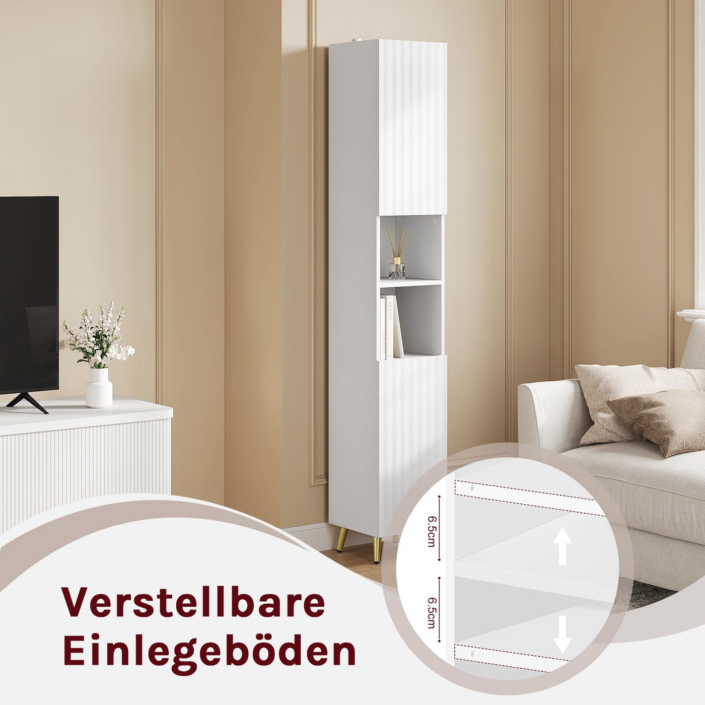 eSituro Badezimmer Hochschrank, Badezimmerschrank Badschrank mit 2 Türen 2 offenen Fächern, Badmöbel mit verstellbaren Einlegeböden, Weiß, 30x180x28 cm