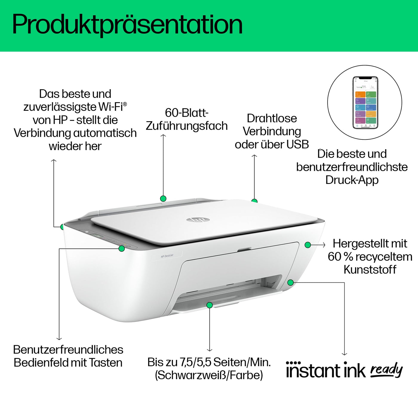 HP DeskJet 2820e Multifunktionsdrucker, 10€ Cashback, 3 Monate gratis drucken mit HP Instant Ink inklusive, Drucker, Scanner, Kopierer, WLAN