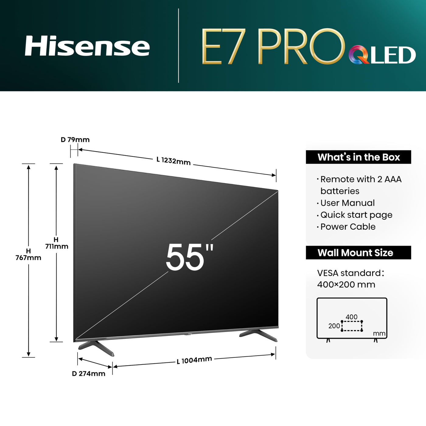 Hisense 55E7NQ Pro 139 cm (55 Zoll) Fernseher, 4K UHD, QLED, Smart TV, Total HDR, Dolby Vision IQ Atmos, 144Hz (VRR), HDMI 2.1, Game Mode PRO, Triple Tuner, Alexa Built-In, Dunkelgrau, [2024]